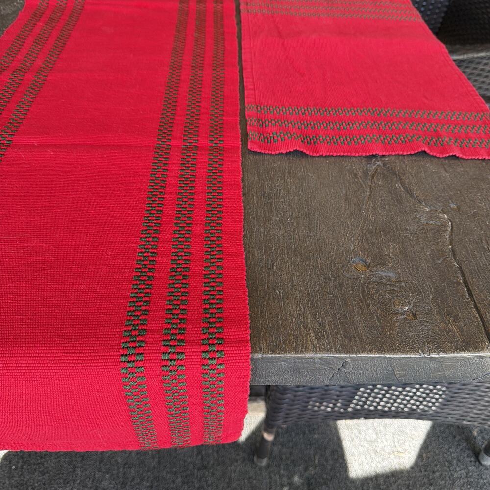 PIER 1 Set Christmas Holiday Red Check Plaid Table Runner 6 Placemats 14" X 72"